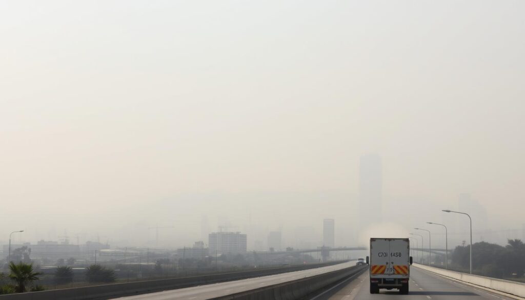Air Pollution From Trucks In Los Angeles With City Skyline In Background Air Pollution From Trucks In Los Angeles With City Skyline In Background