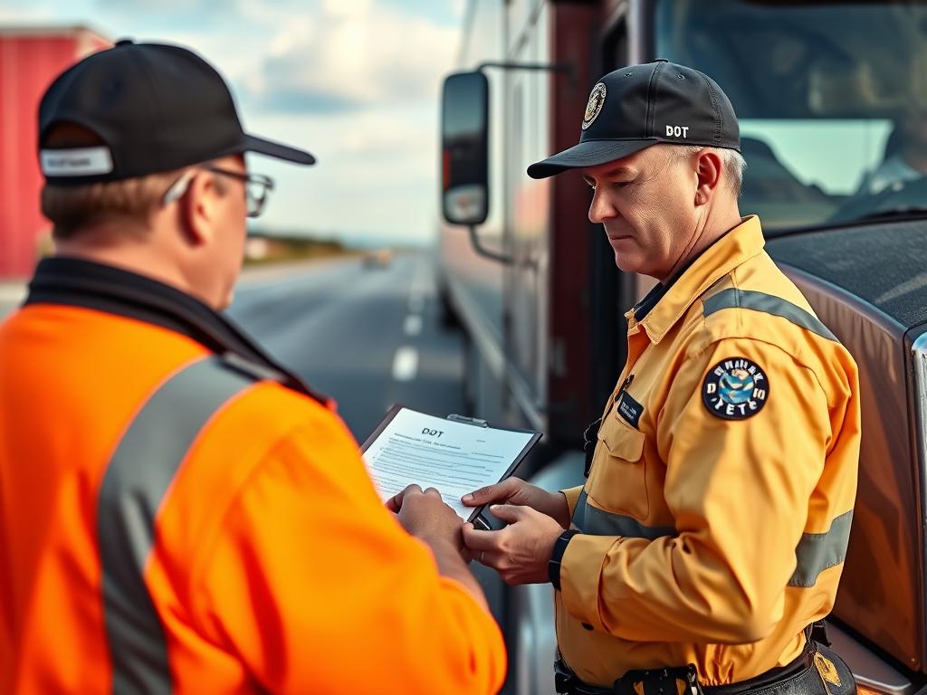 Dot Officer Conducting Roadside Inspection Of Commercial Truck Dot Officer Conducting Roadside Inspection Of Commercial Truck