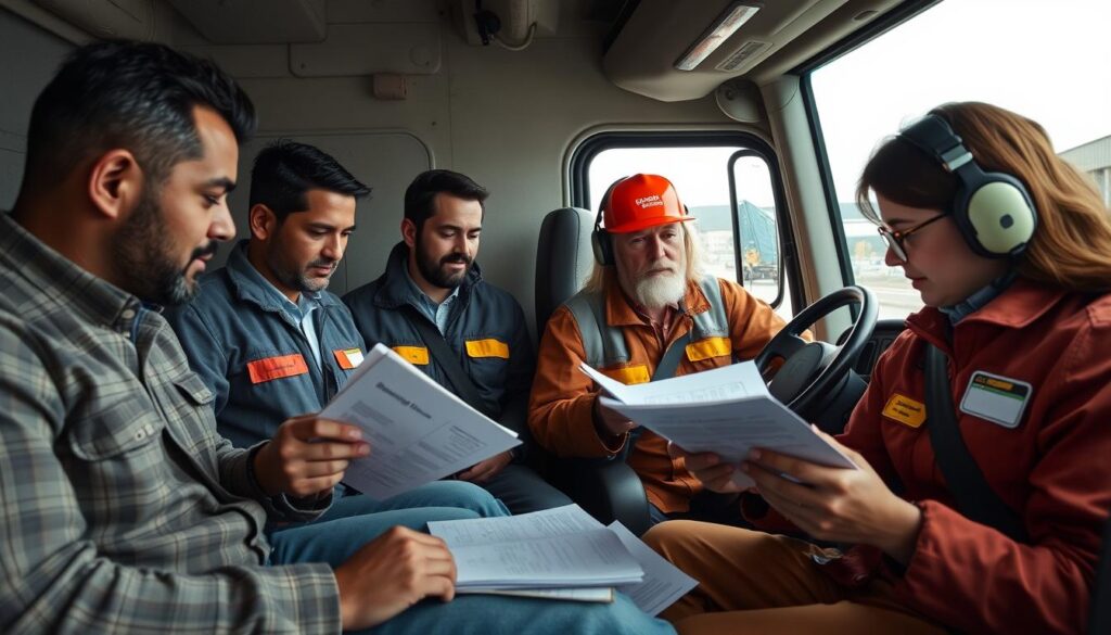 Diverse Group Of Commercial Drivers Studying English Language Proficiency For Cdl Materials Diverse Group Of Commercial Drivers Studying English Language Proficiency For Cdl Materials Together