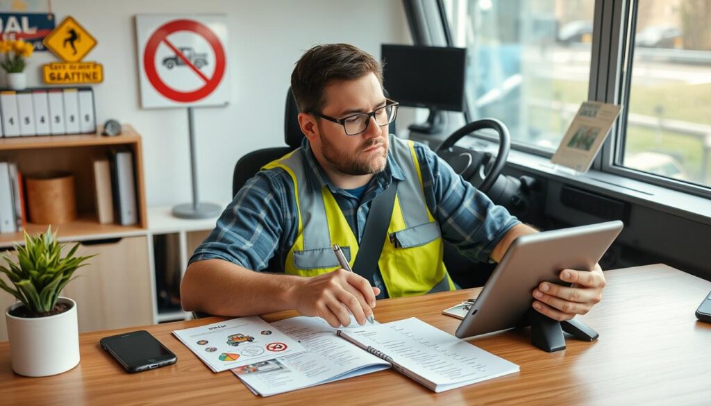 Driver Studying English Language Proficiency For Cdl Materials With Road Signs And Vocabulary Driver Studying English Language Proficiency For Cdl Materials With Road Signs And Vocabulary