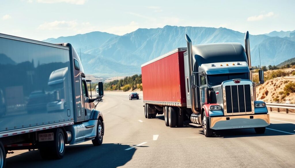 Electric And Conventional Trucks On Highway Representing The Future Mixed Fleet Electric And Conventional Trucks On Highway Representing The Future Mixed Fleet