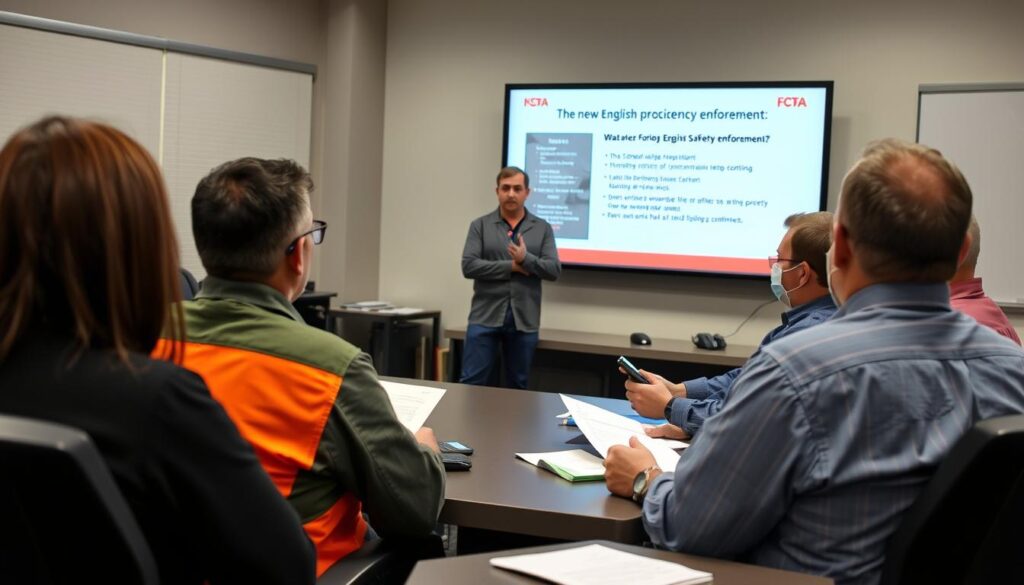 Fleet Manager Discussing English Proficiency Requirements With Drivers In Training Room Fleet Manager Discussing English Proficiency Requirements With Drivers In Training Room