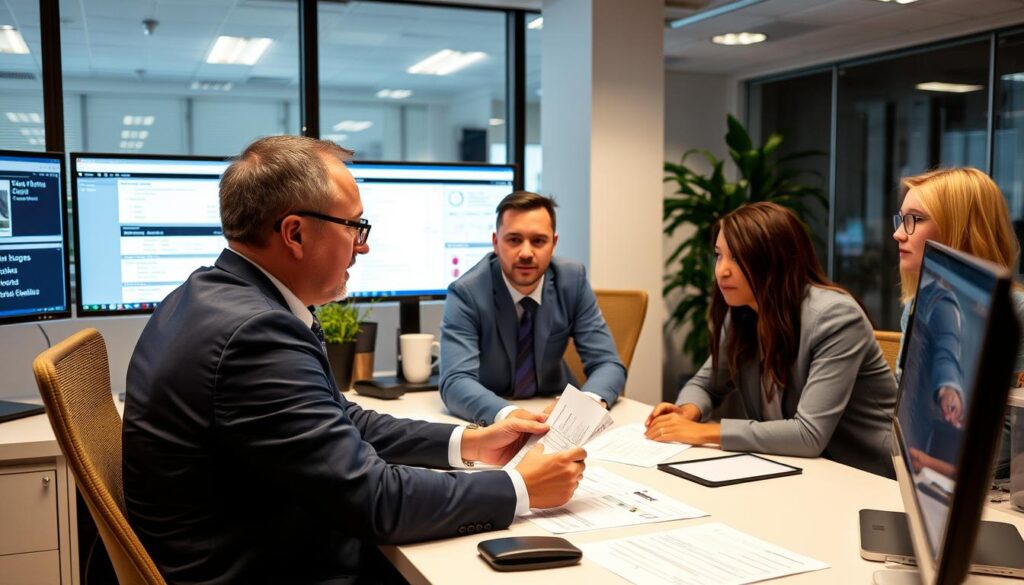 Fleet Manager Reviewing Compliance Documents With Team In Office Setting Fleet Manager Reviewing Compliance Documents With Team In Office Setting
