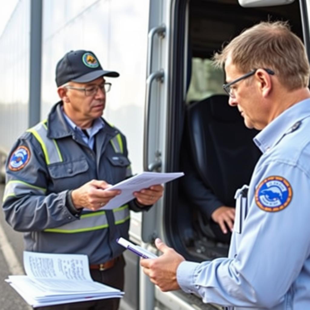 Inspector Conducting Verbal English Assessment With Cdl Driver Inspector Conducting Verbal English Assessment With Cdl Driver