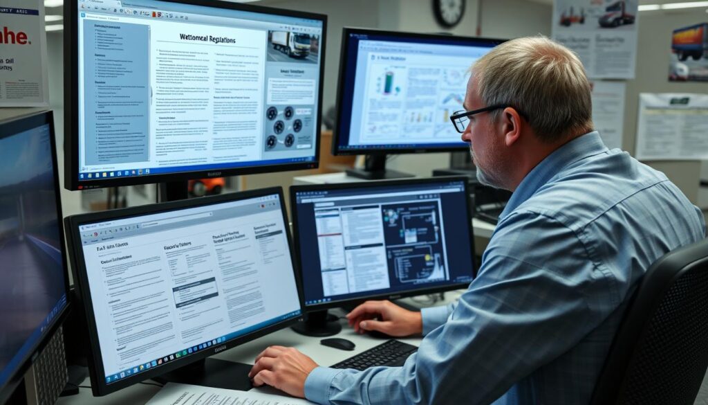 Person Researching Truck Emissions Regulations On Computer Person Researching Truck Emissions Regulations On Computer