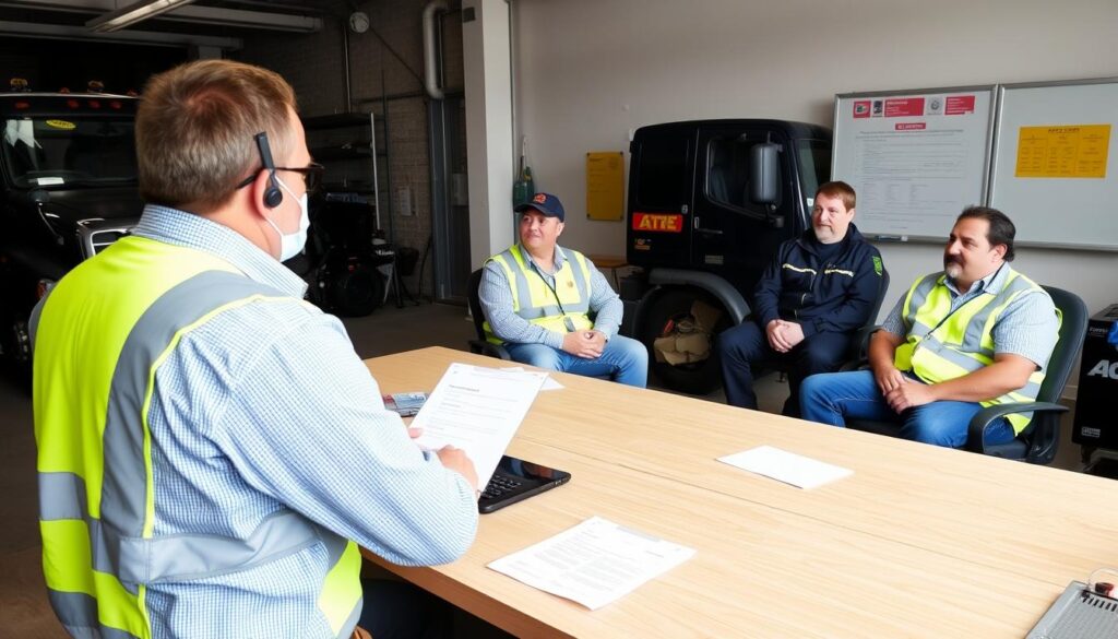Safety Director Conducting Training Session With Truck Drivers Safety Director Conducting Training Session With Truck Drivers