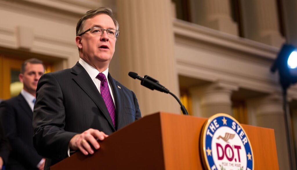 Transportation Secretary Sean P. Duffy Announcing Fmcsa Deregulation Measures At Dot Headquarters