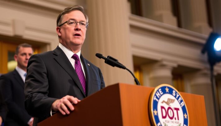 Transportation Secretary Sean P. Duffy Announcing Fmcsa Deregulation Measures At Dot Headquarters