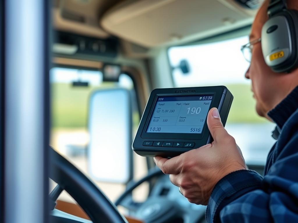Truck Driver Checking Electronic Logging Device In Commercial Vehicle Truck Driver Checking Electronic Logging Device In Commercial Vehicle