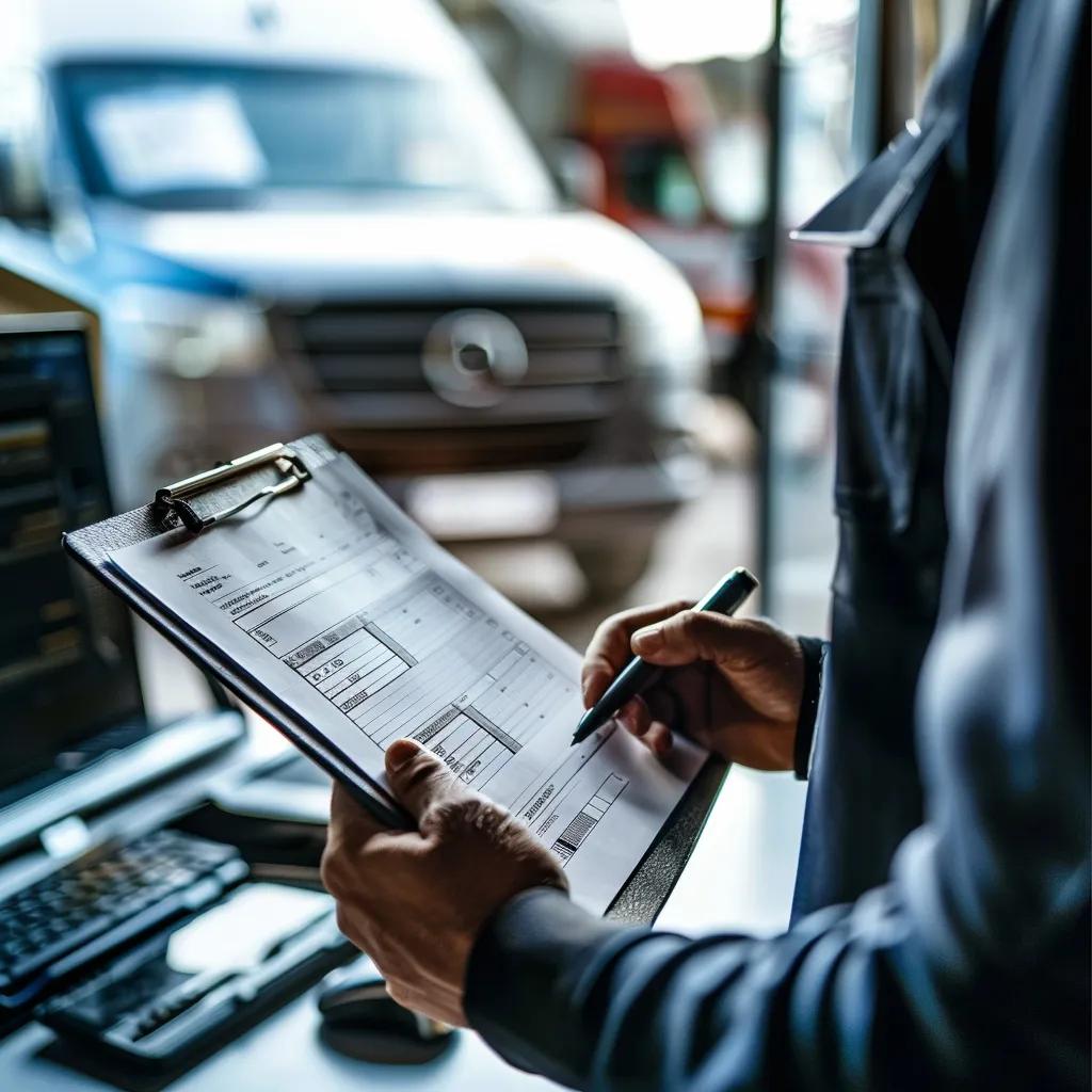 Commercial Driver Reviewing A Qualification Checklist In A Fleet Management Office