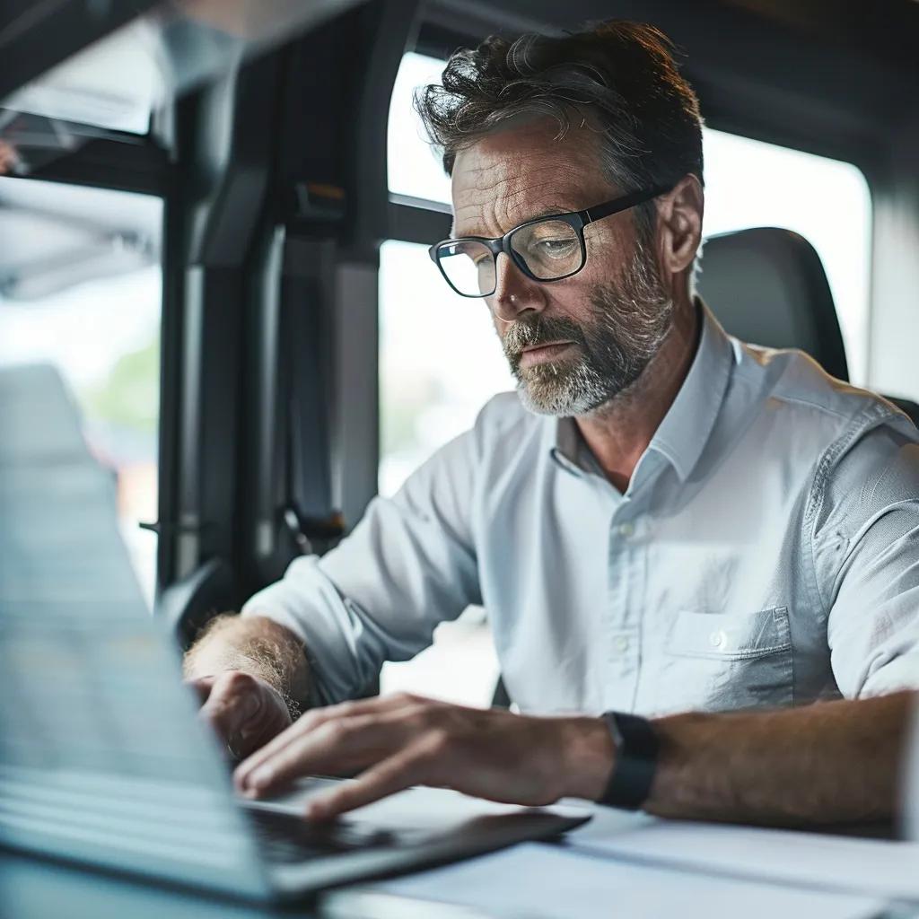 Commercial Driver Reviewing Driver Qualification File In A Modern Office